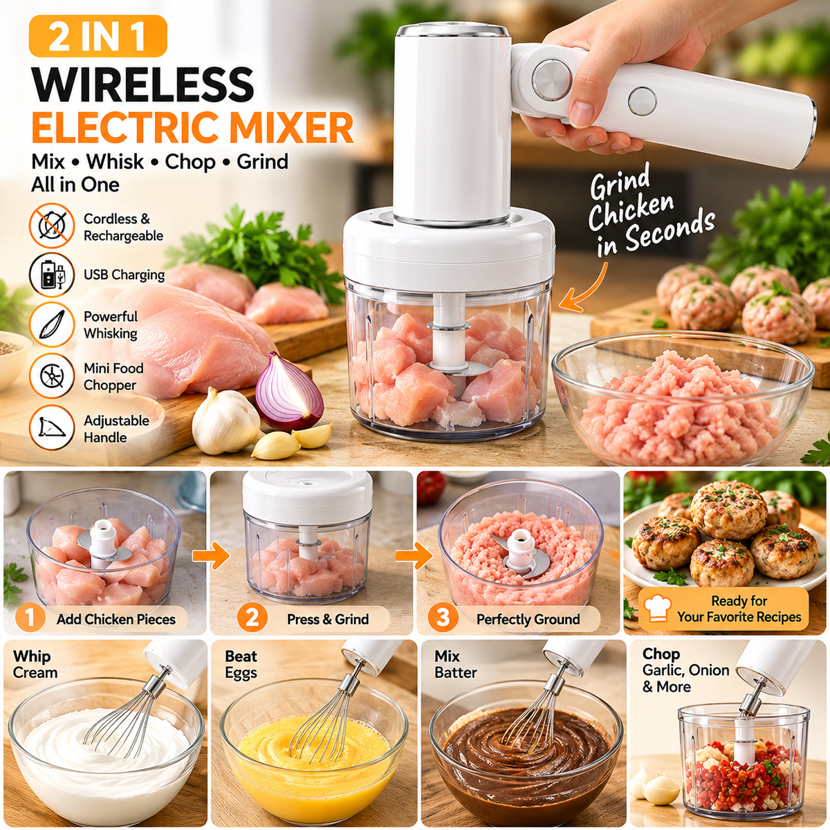 Wireless Electric Hand Mixer 2-in-1 – Rechargeable Cordless Egg Beater, Whisk & Mini Food Chopper with Adjustable Handle